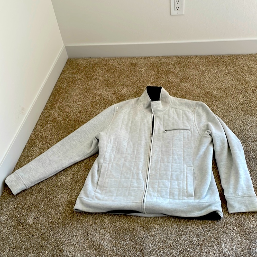 Light Gray/White Zip up jacket, fuzzy on the inside!